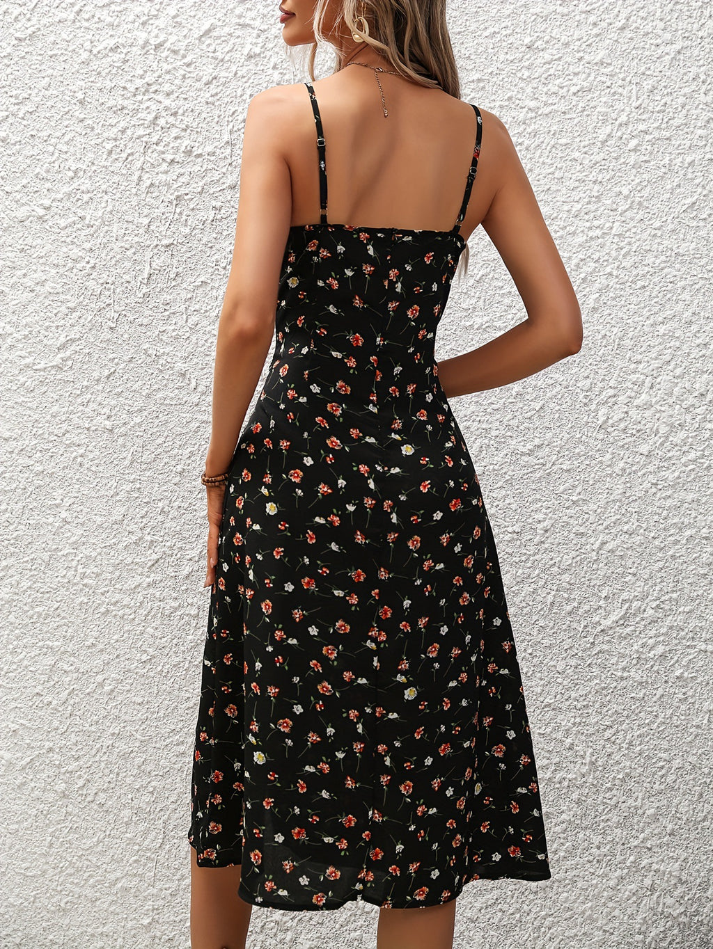 Polka Dot Print Suspender Dress ,Split Long Dress