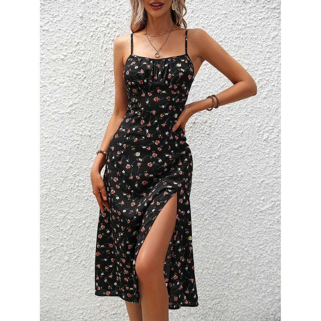 Polka Dot Print Suspender Dress ,Split Long Dress
