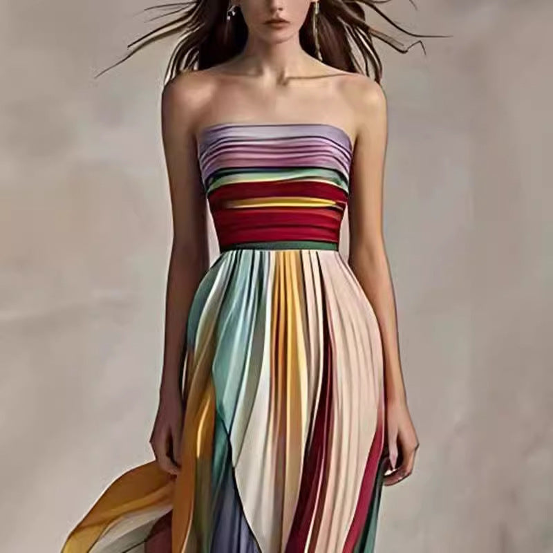 Tube Top Backless Printed Color Swing Maxi Dress