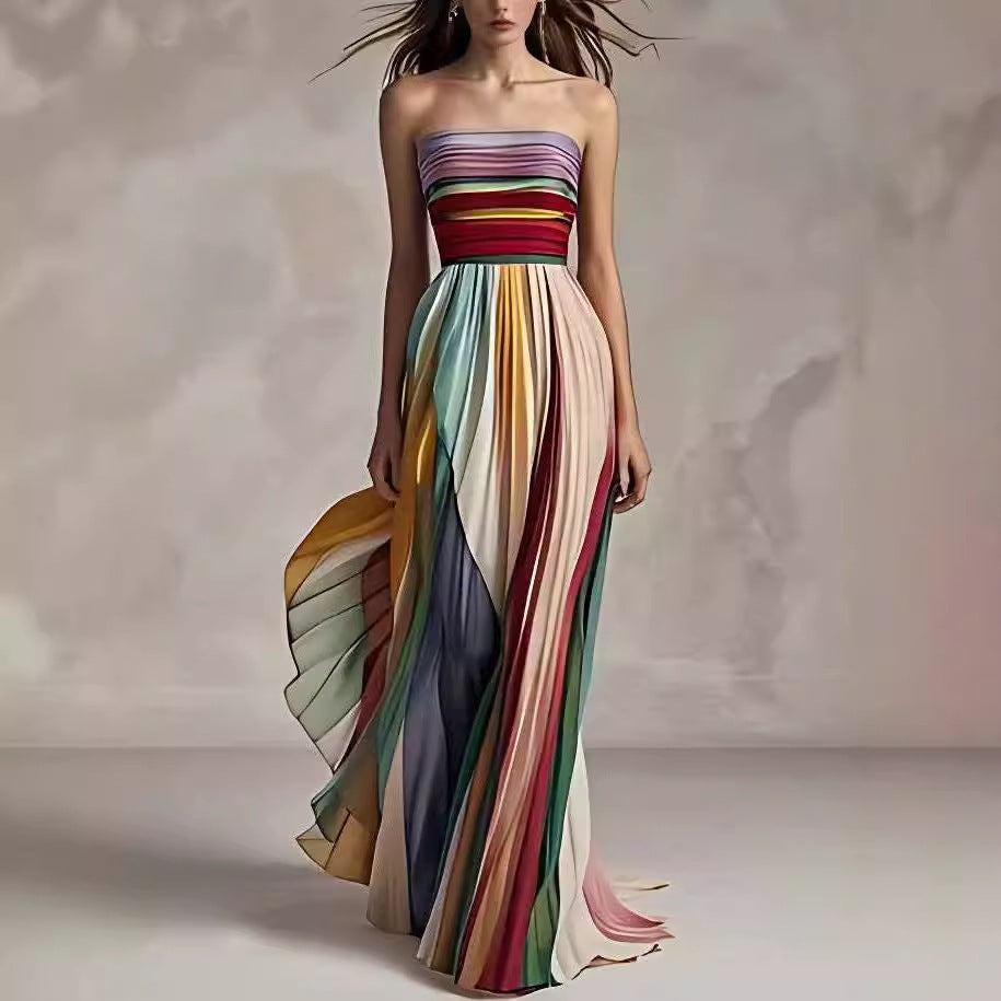 Tube Top Backless Printed Color Swing Maxi Dress