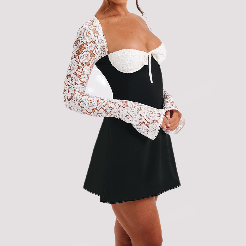 Y2K  Lace Long Sleeve Dress Corset Backless Lace Up