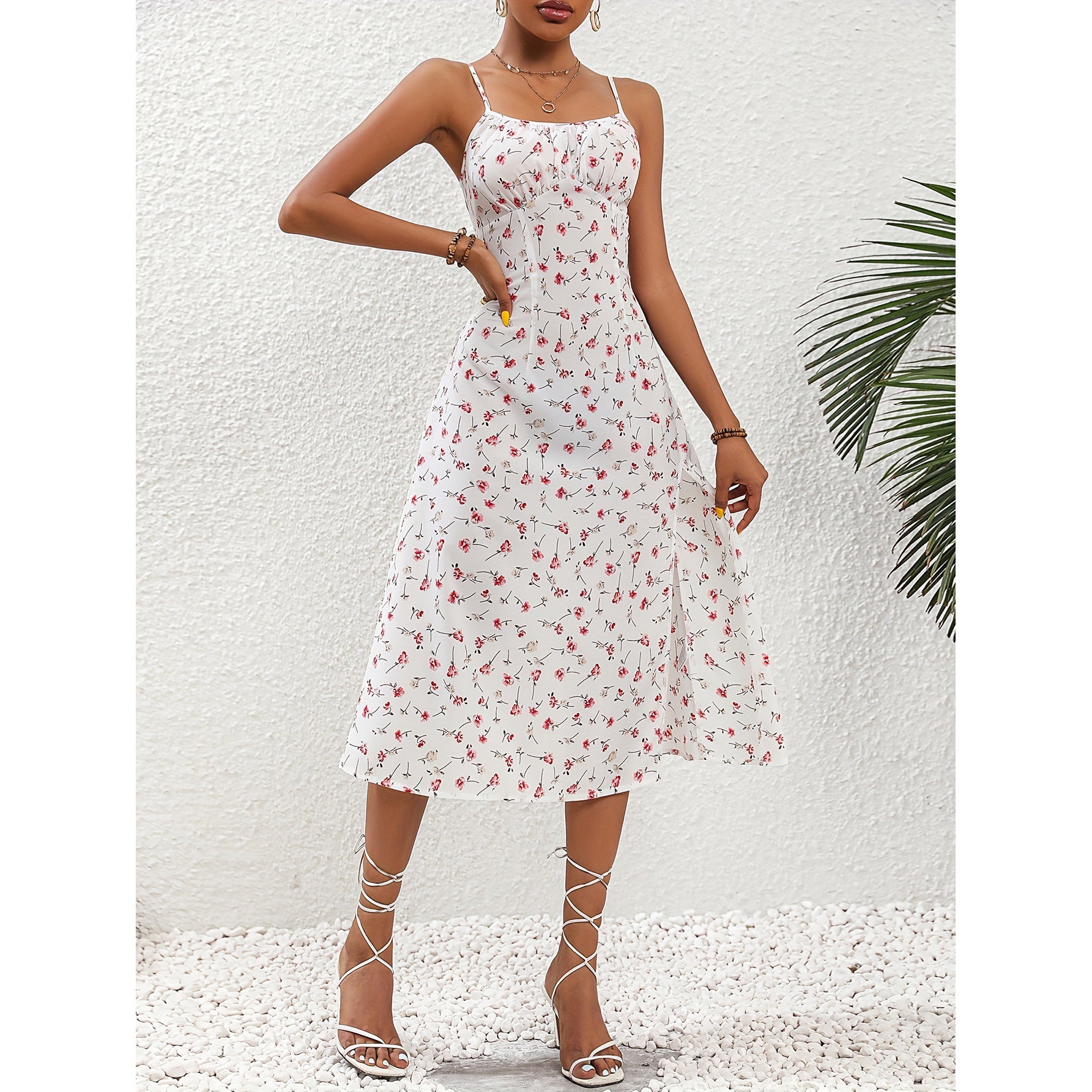 Polka Dot Print Suspender Dress ,Split Long Dress