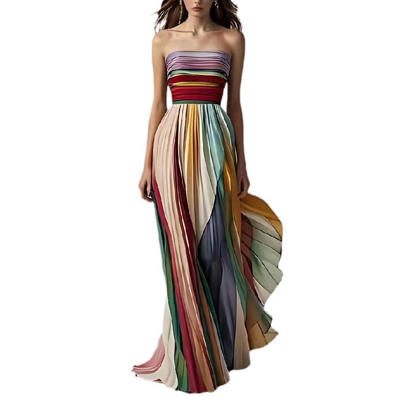 Tube Top Backless Printed Color Swing Maxi Dress